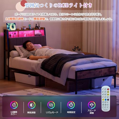 IKIFLY ベッドフレーム シングル ファブリックベッド収納宮棚付き パイプベッド シングルベッド スチールベッド 2段階高さ調整 布張り 静音 通気性 頑丈 安定性 耐久性 新生活 1人暮らし 組立簡単 (幅97x奥行212x高さ98cm,S ブラック) [5]