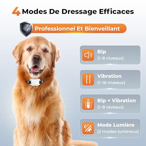 Collier de Dressage Pour Chien, sans Choc, Collier Electrique Pour Chien Portée 1000 m (3300 ft), 4 Modes Bip, Vibration, Lumière,Bip+Vibration,1-50 Niveaux d'Entraînement, Étanche IPX7