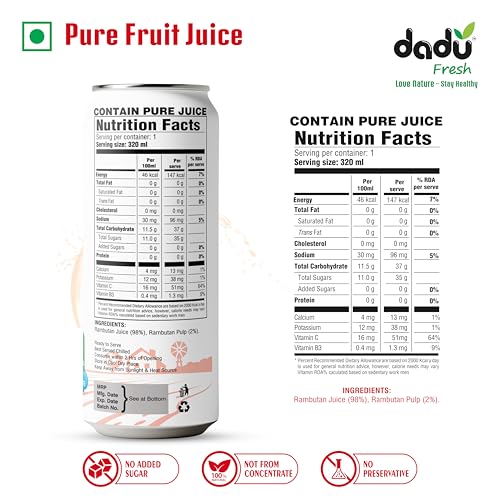 Image of Dadu Fresh Rambutan Juice | Pure Natural Fruit Healthy Beverage | Not from Concentrate, No Added Sugar, No Preservatives or Artificial Flavours | Vitamin Rich & Naturally Refreshing | 4 Cans x 320ml (1280ml)