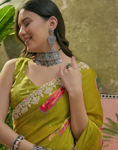 Image of SIRIL Women's Chiffon Scalloped Border Sequins Embroidery Saree with Unstitched Blouse Piece