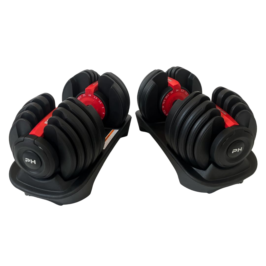PH Fitness Manubri Regolabili Premium 24kg – 15 in 1 con Regolazione Rapida a Una Mano – Set Compatto per Palestra in Casa – 2,5-24 kg – Attrezzo Salvaspazio