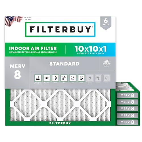 Filterbuy 10x10x1 Air Filter MERV 8 Essential Dust & Allergy Defense (6-Pack) Electrostatic Pleated HVAC AC Furnace Filters Replacement Made in USA (Actual Size: 9.50 x 9.50 x 0.75)