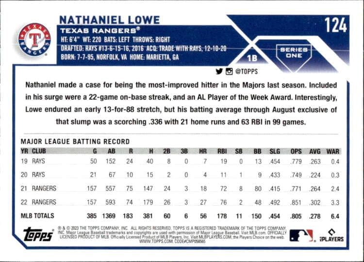Miniatura 2 de 2023 Topps #124 Nathaniel Lowe Texas Rangers NM-MT MLB Baseball