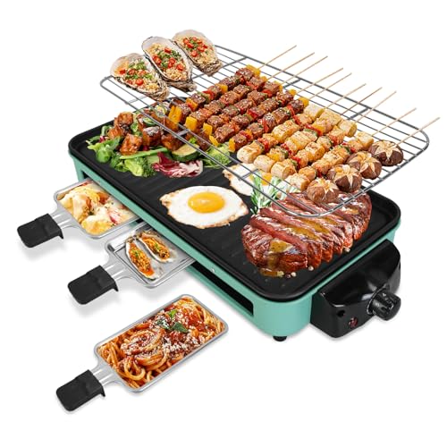 1500W Electric Indoor Grill, 2 in 1 Electric Griddle Nonstick with Grill Net & Removable Plate, 5 Adjustable Temperature Control Portable Korean BBQ Grill with 3 Small Trays