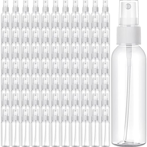 100 PCS 3.4 oz Plastic Spray Bottles with Fine Mist Nozzles for Travel Cosmetic Refillable Perfume and Essential Oil Use(White Clear)