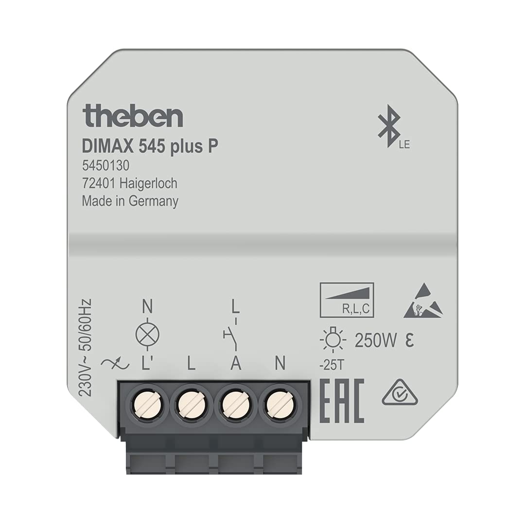 Theben 5450130 DIMAX 545 plus P UP-Universaldimmer R/L/C App 250 W LED | Unterputz, automat. Lasterkennung, Bluetooth Low Energy, App iOS/Android, Astrofunktionen, Szenen, Memory, Soft-EIN/AUS