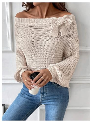 Image of MakeMeChic Women's Bow Sweaters Off The Shoulder Long Sleeve Knitted Pullovers Top Apricot Small