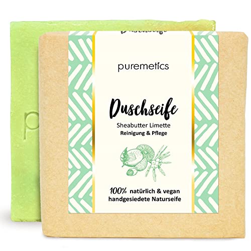 puremetics Zero Waste - Jabón de ducha reafirmante "Manteca de karité Limette" | 100% natural, vegano y libre de plástico | Jabón natural de mano | Jabón de ducha fijo sin plástico Cover
