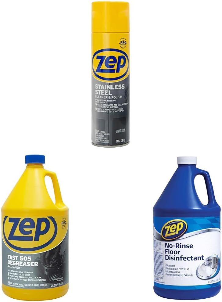 Zep Stainless Steel Cleaner and Polish + Fast 505 Cleaner and Degreaser + No Rinse Floor Disinfectant - 14 oz. ZUSSTL14 + 1 Gallon ZU505128 + 1 Gallon ZPEZUNRS128