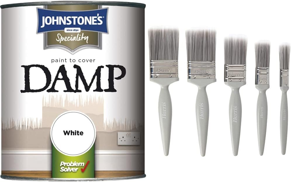 Johnstone's 307955 Paint to Cover Damp White, 750ml and Harris Essentials Walls & Ceilings Paint Brush Set | Pack of 5 | 0.5", 1", 1.5", 2"
