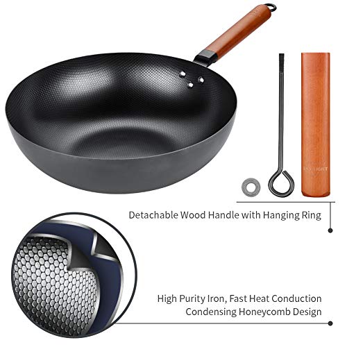 Wok Pan 12.5 Inch, No Chemical Carbon Steel Stir Fry Pan with Detachable Wood Handle, Scratch Resistant Flat Bottom Chinese Iron Pot For Electric, Induction & Gas Stoves, Oven & Dishwasher Safe