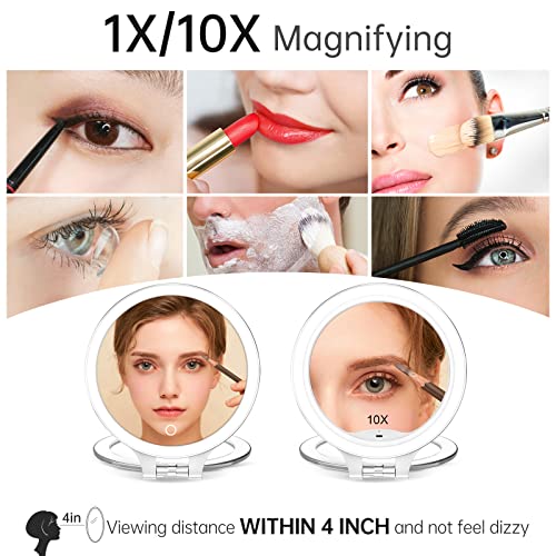 Rechargeable Magnifying Makeup Mirror 10X/1X Double Sided Lighted Travel Makeup Mirror With 3 Color Light Adjustable Rotation, Led Vanity Tabletop Portable Desk Cosmetic Foldable Mirror No Bag #TOP1