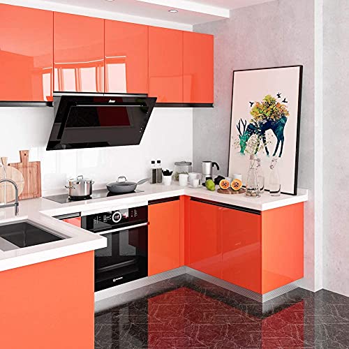 Image of HOME13 Glossy Orange Wallpaper Peel & Stick Waterproof Self Adhesive Removable Vinyl Wallpaper for Kitchen Cabinet Furniture Countertop (24x480 Inch)