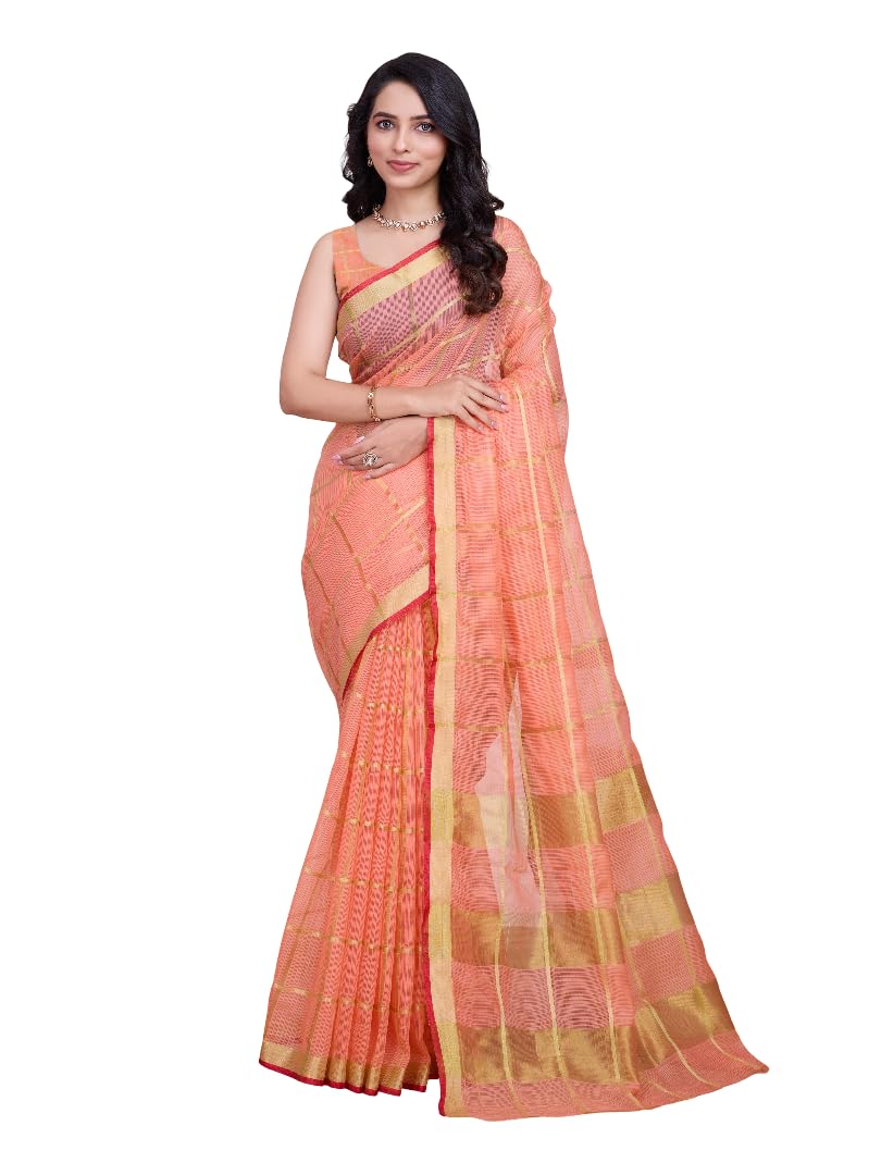 avni n anvi Women's Kota Doria Cotton Silk Saree with Zari Checks, Contrast Red Border & Running Blouse Piece | Lightweight Traditional Ethnic Wear-picture-42