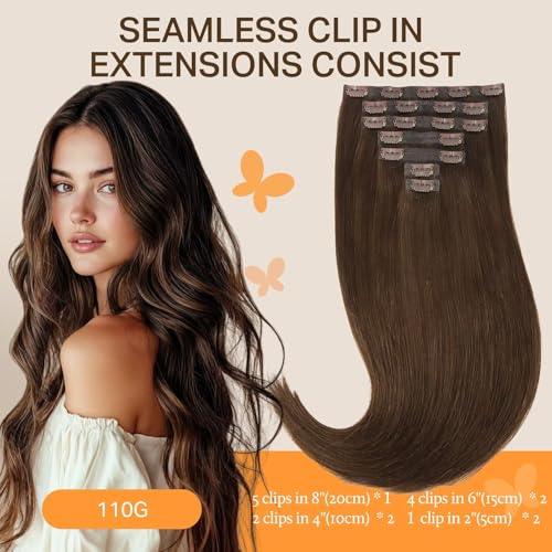 Image of DOORES Chocolate Brown Clip in Hair Extensions, 16 Inch 110g 7pcs, Seamless Remy Human Hair Straight Invisi Edge Extensions