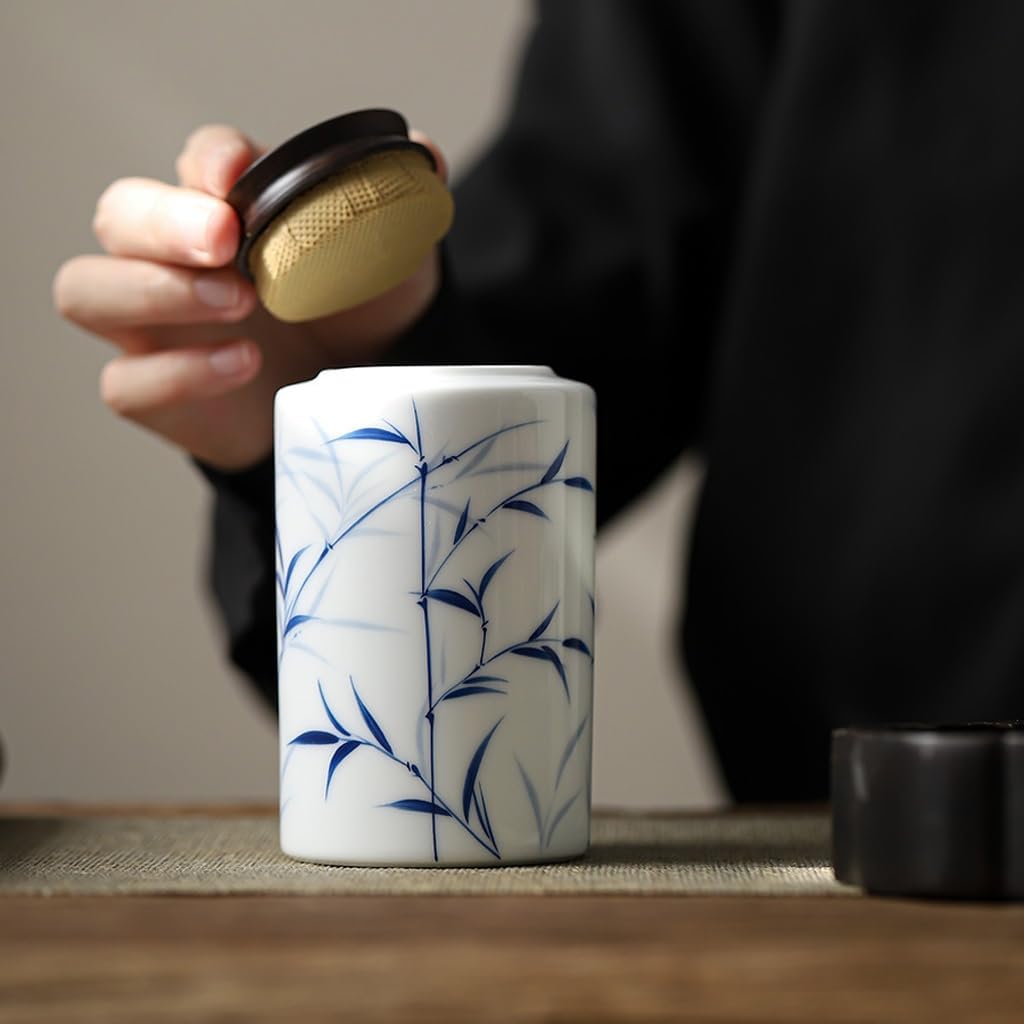 SONGCHAO Sugar Jar Sandalwood Lid Tea Can, Ceramic Warehouse, Hand-Painted, Sealed Storage Tea Canister