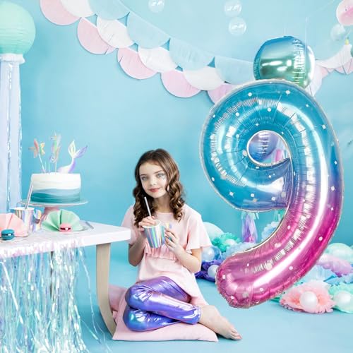 Image of Mermaid Starry Number 9 Balloons, 40 Inch Large Purple Blue Pink Foil Number Balloons Set 0-9 for Girls, Globos de Numero 9 Helium Balloon for 9th Age Birthday Anniversary Party Decorations Supplies