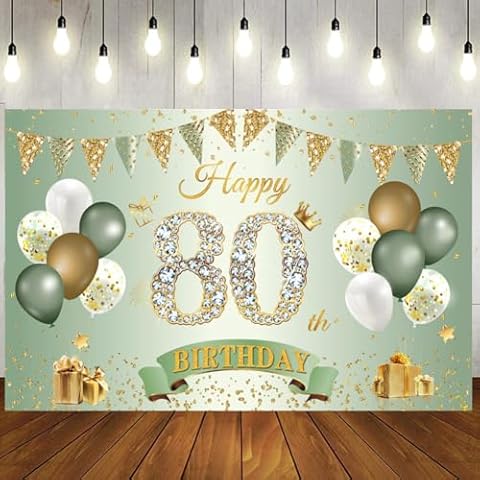 Happy 80th Birthday Banner Sage Green Gold, 1.1 x 1.8 m Happy 80th Birthday Backdrop Banner 80th Birthday Decorations for Women Men, 80 Years Old Birthday Anniversary Party Supplies Cover
