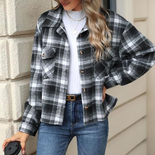 Womens Plaid Shacket Jacket Button Down Long Sleeve Plaid Flannel Shirts Fall Casual Loose Fit Coats Fashion Clothes3