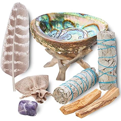 Blue River Sage Smudging & Energy Cleansing Kit with Amethyst, White Sage, Palo Santo, Abalone Shell, Stand & Guide (Regular) Cover