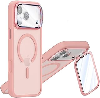 iPhone 17 対応 ケース Magsafe対応 マット仕上げ 半クリア カメラ保護 スタンド付き 半透明 アイフォン17 用 背面カバー ス 艶消し ストラップホール付き ハードケース,ピンク