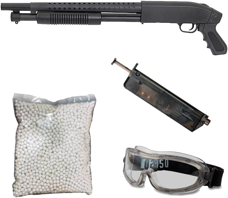 Pack de Escopeta Corta sin Culata Recortada de Muelle de Airsoft de Menos de 1 Julio de Potencia con un Cargador, 1000 Bolas de 6 mm, Cargador rápido Tico Tico Loader y Gafas de protección Pegaso