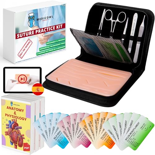 Kit de sutura quirúrgica para practicar | video de aprendizaje en español | 33 piezas en un estuche compartimentado | piel artificial | Regalo ideal para estudiantes de medicina y veterinarios (Negro)