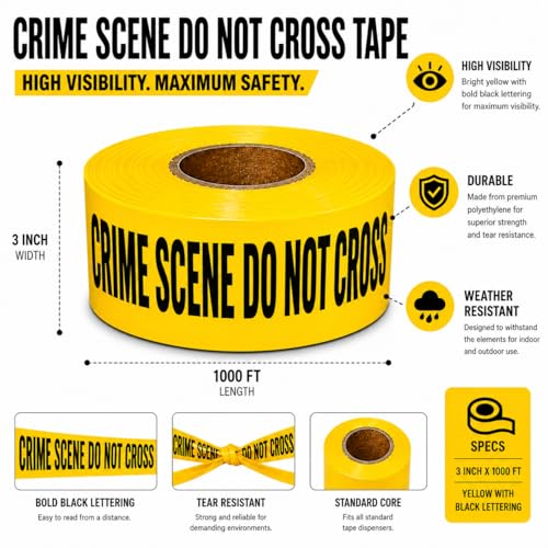 Image of ATERET Crime Scene Do Not Cross Tape 3 Pack 3 inch x 1000 feet, Hazard Safety Tape, Construction Tape for Danger /Hazardous Area, Ideal Use for Halloween Decorations, Party, Work-Site