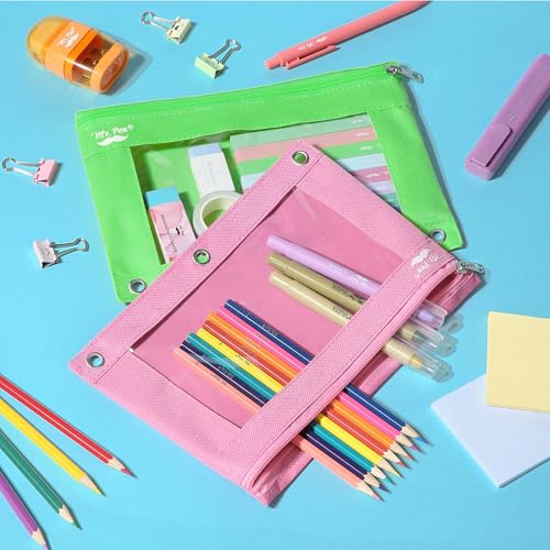 Image of Mr. Pen- Pencil Pouch for 3 Ring Binder, 2 Pack, 10 inchx6.75 inch, Smooth Zipper, Clear Window, Large Capacity Pencil Case with 3 Reinforced Grommets for School, Office, Supplies Storage