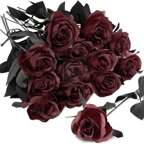 SWSTINLING 12pcs Halloween Wine Red Roses Flowers, Artificial Silk Roses Flowers Faux Burgundy Roses Bouquets for Halloween Centerpiece, Halloween Party Indoor or Outdoor Decoration Cover