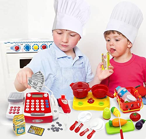 Toy Cash Register For Kids With Scanner, Play Money, Fake Credit Card, Calculator, Cutting Food & Pot Playset, Hat, Supermarket Grocery Store Pretend Play Cashier Gift For Toddlers Boys Girls #TOP2