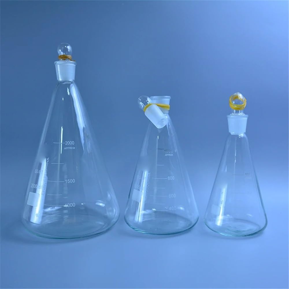 Cristalería de Laboratorio Matraz Erlenmeyer de vidrio de 150-2000 ml con tapa, de vidrio, for laboratorio, triangular, de 3,3 mm.(2000ml)