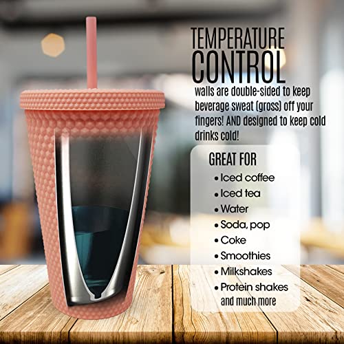Nadia's Little Treasures Studded Tumbler Straw Lid - Plastic Double Walled Cold Cup for iced Coffee, Water, Slush or Smoothies, Your Home Cinema Cup (Matte Coral 16OZ / 450ml) - Image 4