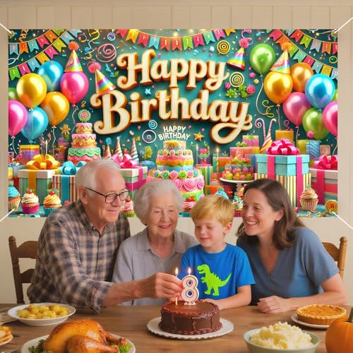 Image of Happy Birthday Backdrop Banner 70.8 x 43.3 Inch, Colorful Balloon Cake Pennant Flag Festive Party Decorations for Kids Boys Girls, Fun Photo Booth Background with Hanging Rope