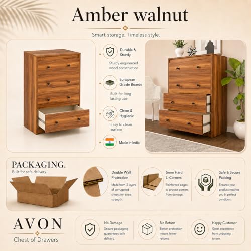 Image of Studio Kook Avon Engineered Wood Chest of Drawers, 4 Drawers (Matte Finish) (Amber Walnut)