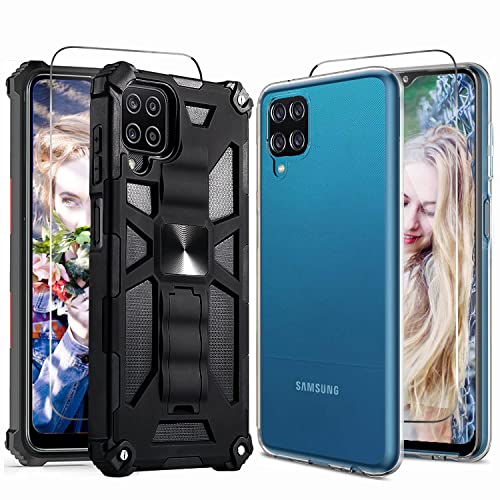 NUDGE 2X Coque pour Samsung Galaxy A12 avec 2pcs Verre Trempé, Housse Militaire Anti-Rayures Antichoc TPU et Étui Anti-Jaune Souple Transparent, Anti-Chute Militaire Case Noire avec Support Cover