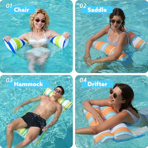 Sloosh 3 Pack Inflatable Pool Float Hammock, Water Hammock Lounges, Multi-Purpose Swimming Pool Accessories (Saddle, Lounge Chair, Drifter) for Pool, Lake, Outdoor, Beach (Dark Blue/Yellow/Orange) - Thumbnail 3