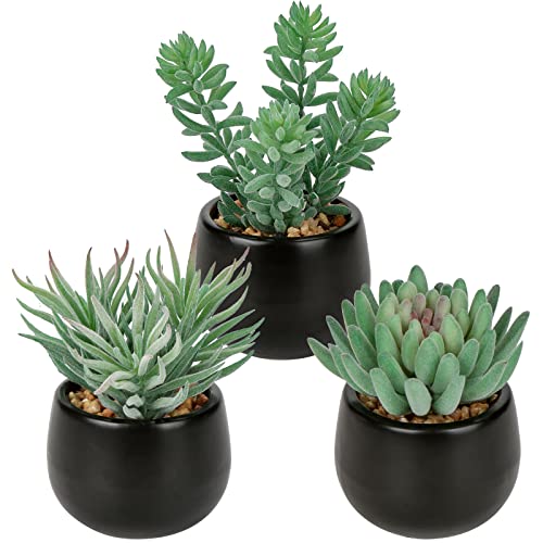 Briful 3Pcs Artificial Succulents Fake Plants Mini Succulents Potted In Black Ceramic Pots Artificial Plastic Plants For Home Office Desk Farmhouse Bathroom Décor #TOP25