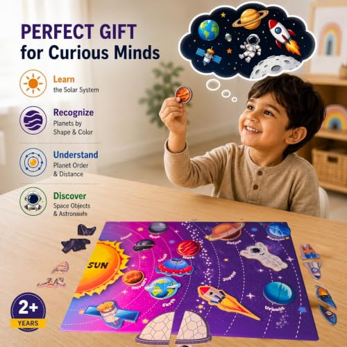 Image of Wooden Solar System Magnetic Puzzle for Kids | 50 Pieces Magnetic DIY Science Jigsaw with Board | Early Learning Games | Educational Toy for Boys and Girls (Multicolor, Ages 2-7 Years)
