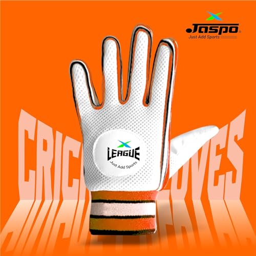 Image of jaspo League Cricket Batting Gloves-for Beginners: Leather Palm, Nylon Stitch, Air Vents with Elastic Towel Wrap for Adult /Senior Color (White Orange)-Recommended for Soft Ball only