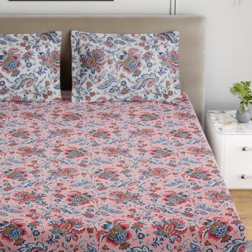 Image of Home Ecstasy 100% Cotton Jaipuri Bedsheet for King Bed, 140TC, 1 Bedsheet (Size 90 x 108 inches) with 2 Pillow Covers, Pink