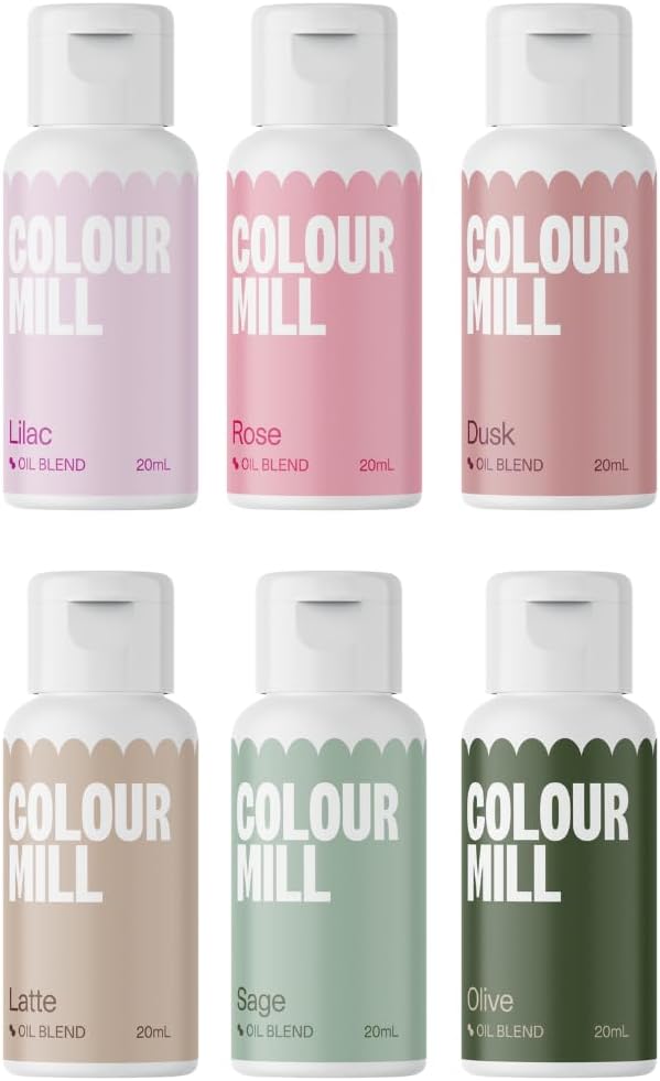 Colour Mill Oil Blend Food Colouring Set Botanicals: Fat-soluble Food Colouring Oil Base: Lilac, Pink, Dusk, Latte, Sage, Olive - Set 6 x 20 ml