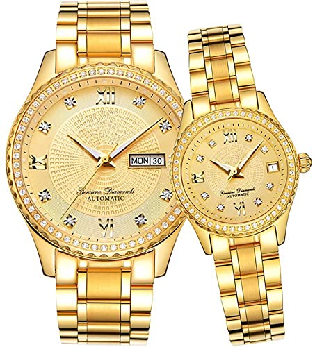 Couples Automatic Self-Wind Watches Calendar Date Luxury Stainless Steel Men and Women Pair Watches His and Hers Automatic Watch Gifts Set of 2 (Gold)