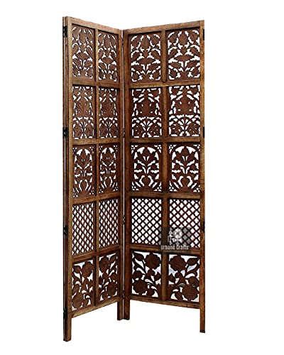 Image of Wooden Room Divider 2 Panel 6 Feet | Freestanding Room Partition Screen with Burnt Wood Finish | Hand Buffed Traditional Handicraft Design