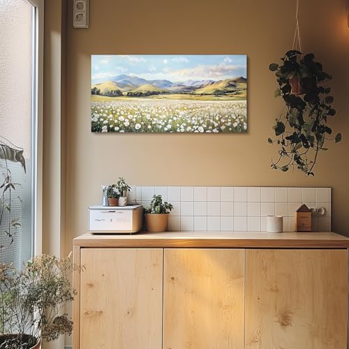 crmotu Canvas Wall Art Landscape, Oversized Wall Art, Floral Wall Decor, White Wildflower Field Painting, Nature Wilderness Pictures Wall Decor Living Room Bedroom Bathroom Art Prints 24x48inch