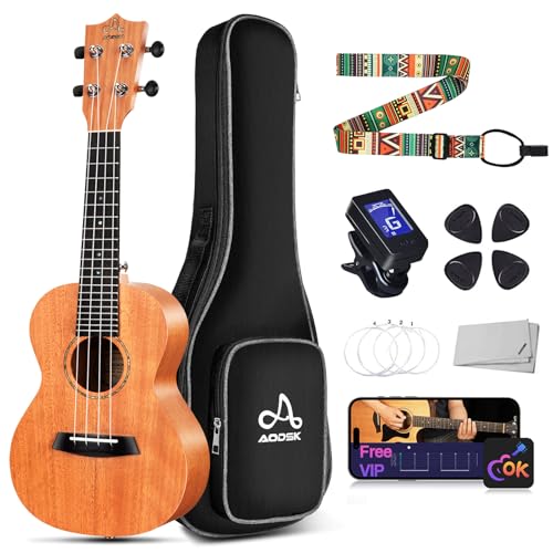 Image of AODSK Concert Ukulele Beginner Solid Mahogany 23 Inch Ukelele Kit with Gig Bag Strap Nylon String Tuner 3 picks Cloth Online Lesson