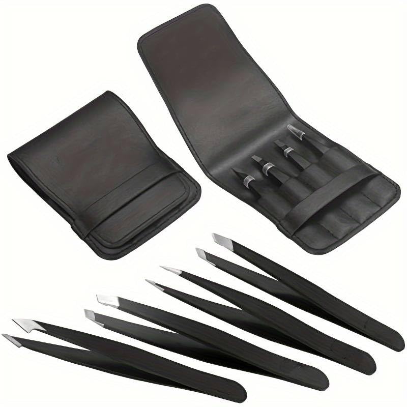 Set de 4 Pinzas de Depilar Profesionales de Acero Inoxidable - Pinzas de Precisión con Puntas Fina, Sesgada, Recta y Puntiaguda para Pelos Faciales, Ceja, Espinillas y Puntos Negros