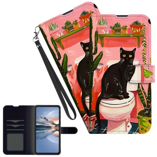 HEAKIERG for Cricket Outlast 5G 2024/AT&T Motivate Pro 5G Wallet Case with 3 Card Holder & Wrist Strap, Shockproof Protective Kickstand Cover Credit Cards Slot FlipCases, Black Cat Cactus