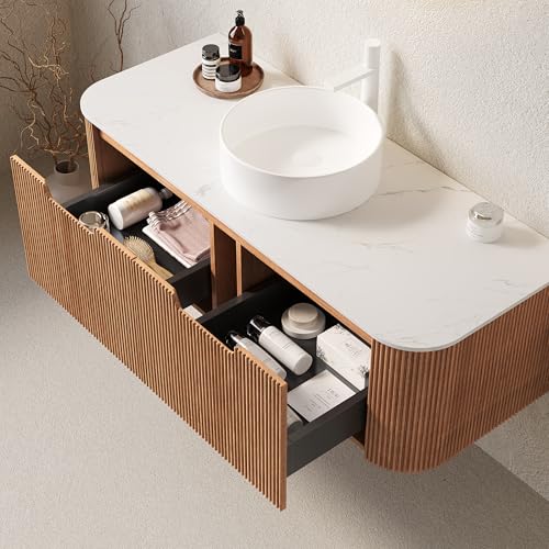 Image of KEIKI 48 inch Bathroom Vanity with Sink, Wall-Mounted Floating Vanity with Curved Edges & 3D Striped Drawer Fronts, White Round Ceramic Basin, Pre-Assembled Storage Cabinet, Natural Wood