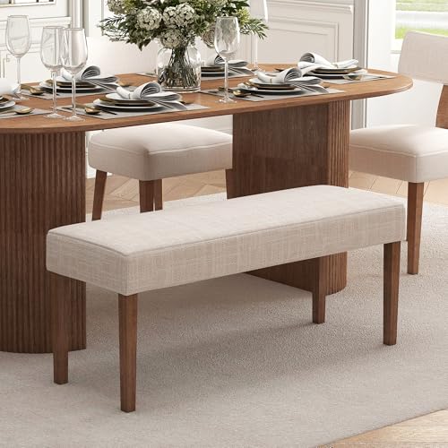 HNY Farmhouse Upholstered Dining Bench Seat, 45" Linen Entryway Bench with Natural Wood Legs, Mid Century Modern End of Bed Bench for Kitchen Bedroom Living Room Hallway, for 2-3 Person, Beige